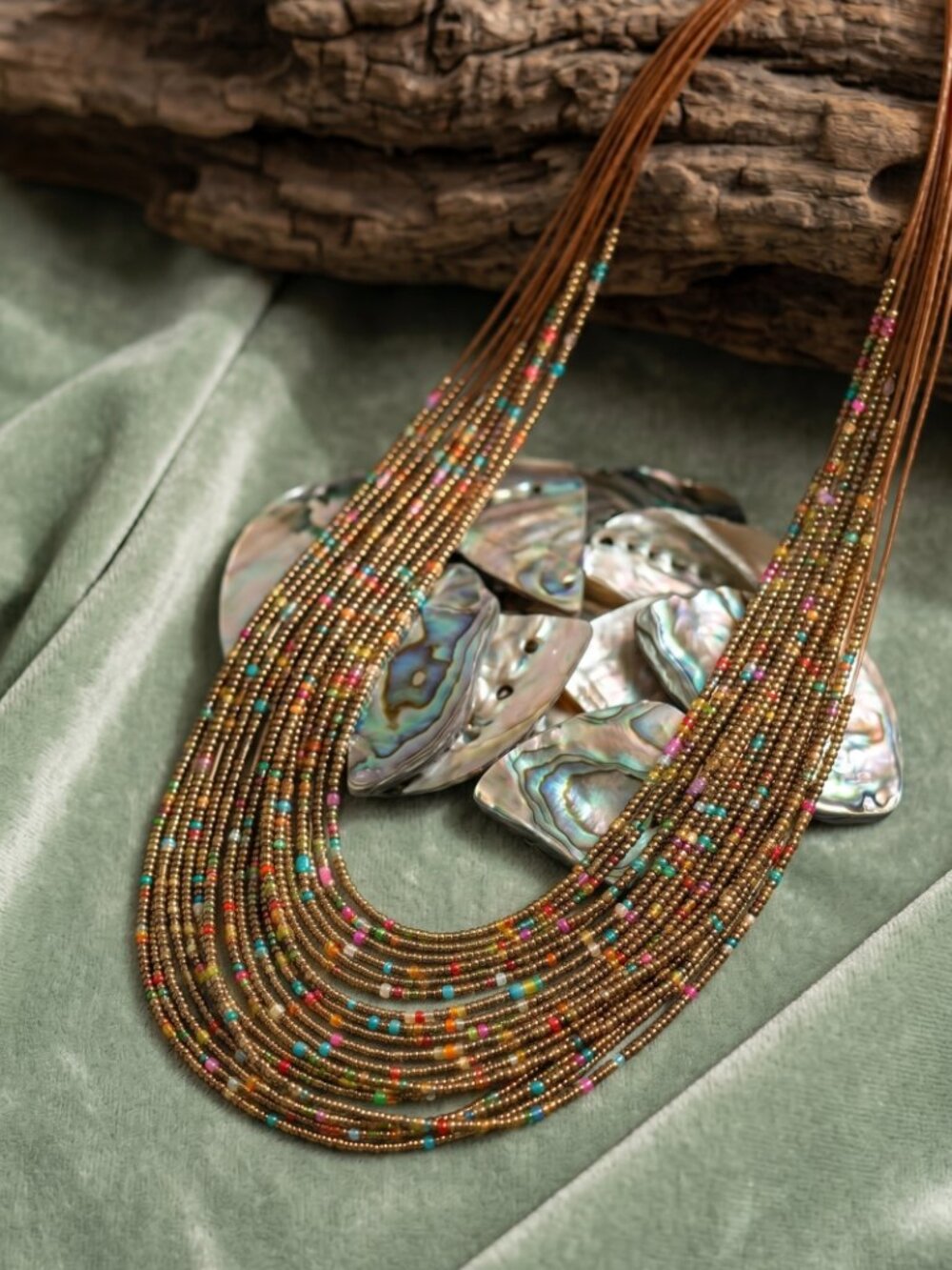 Seed Bead Multi Strand Statement Necklace Boho Western Multicolor Gold 18" - Picture 15 of 15
